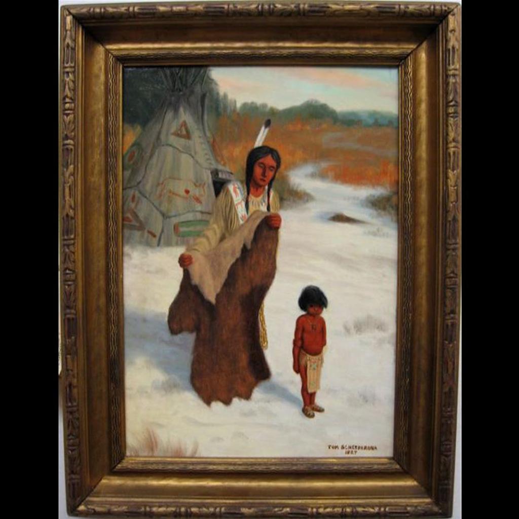 Tom Scheeferona - Indian Maiden And Child By Teepee; Teepee By Lake