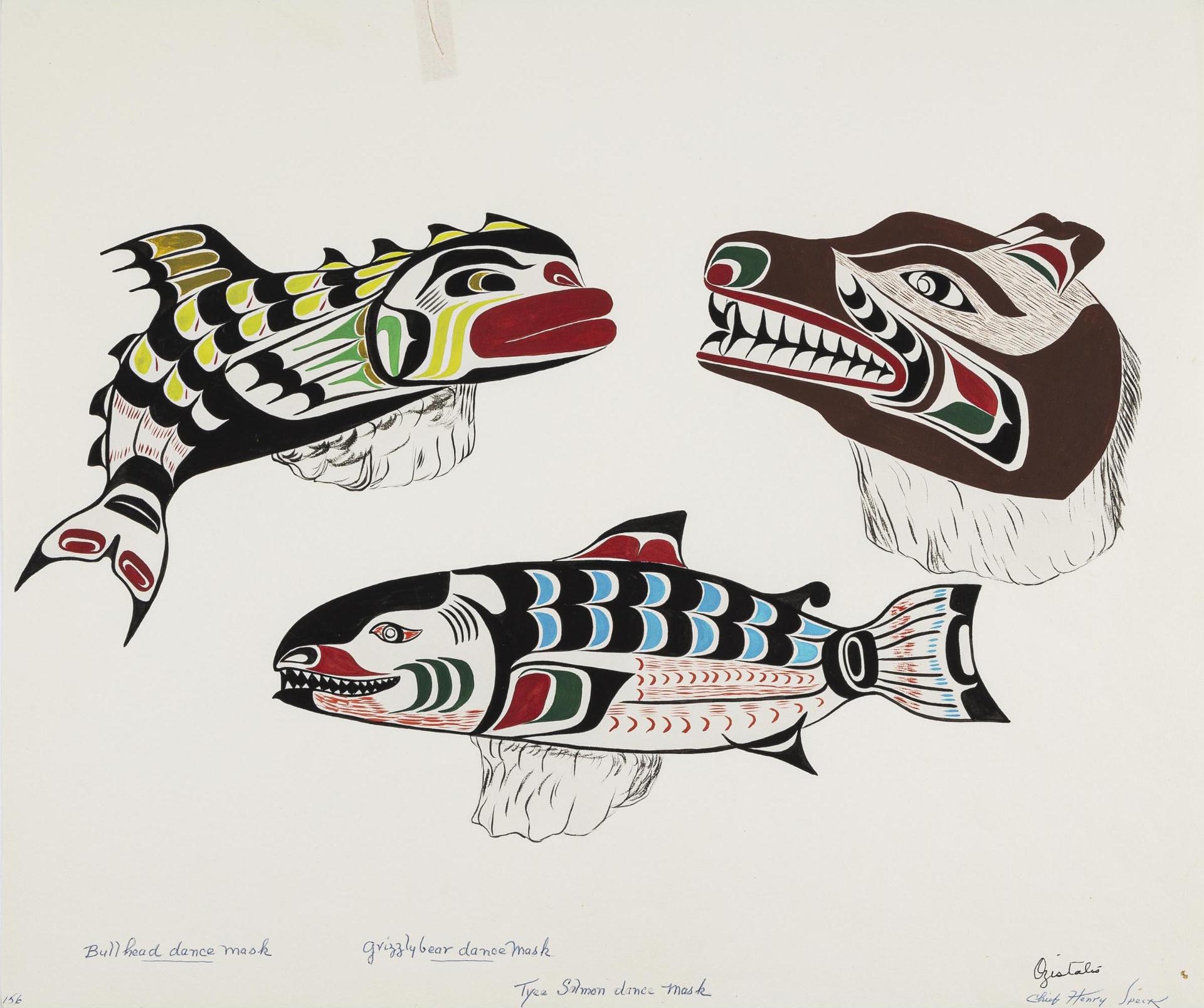 Chief Henry Speck (1908-1971) - Bull Head, Grizzly Bear And Tyee Salmon Dance Masks, 1959