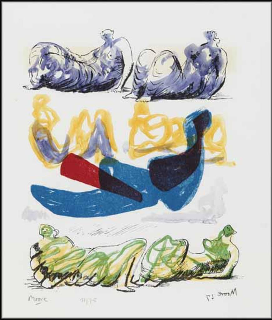 Henry Spencer Moore (1898-1986) - Reclining Figures with Blue Central Composition from the Shelter Sketchbook