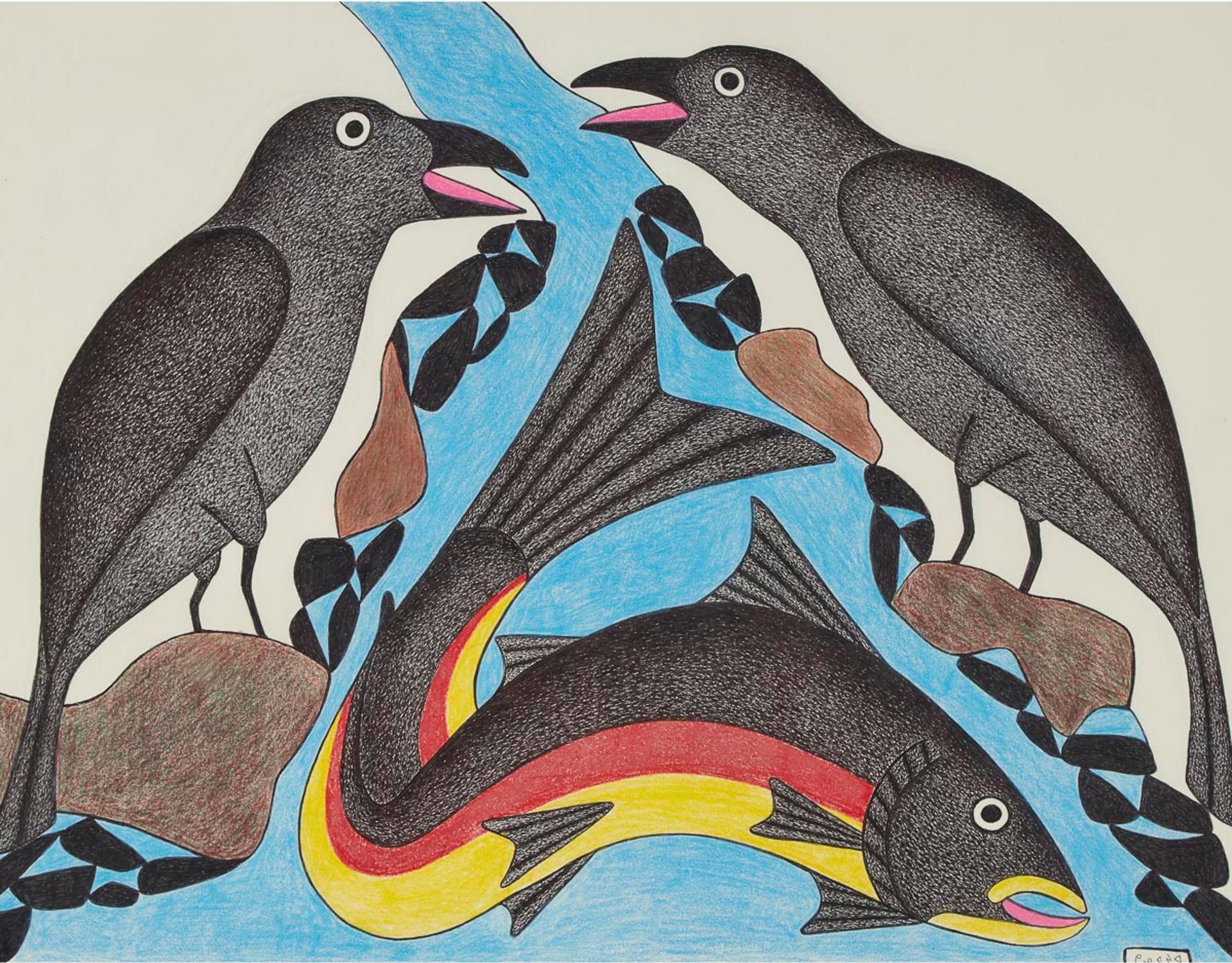 Kenojuak Ashevak (1927-2013) - Untitled (Two Ravens With Fish)
