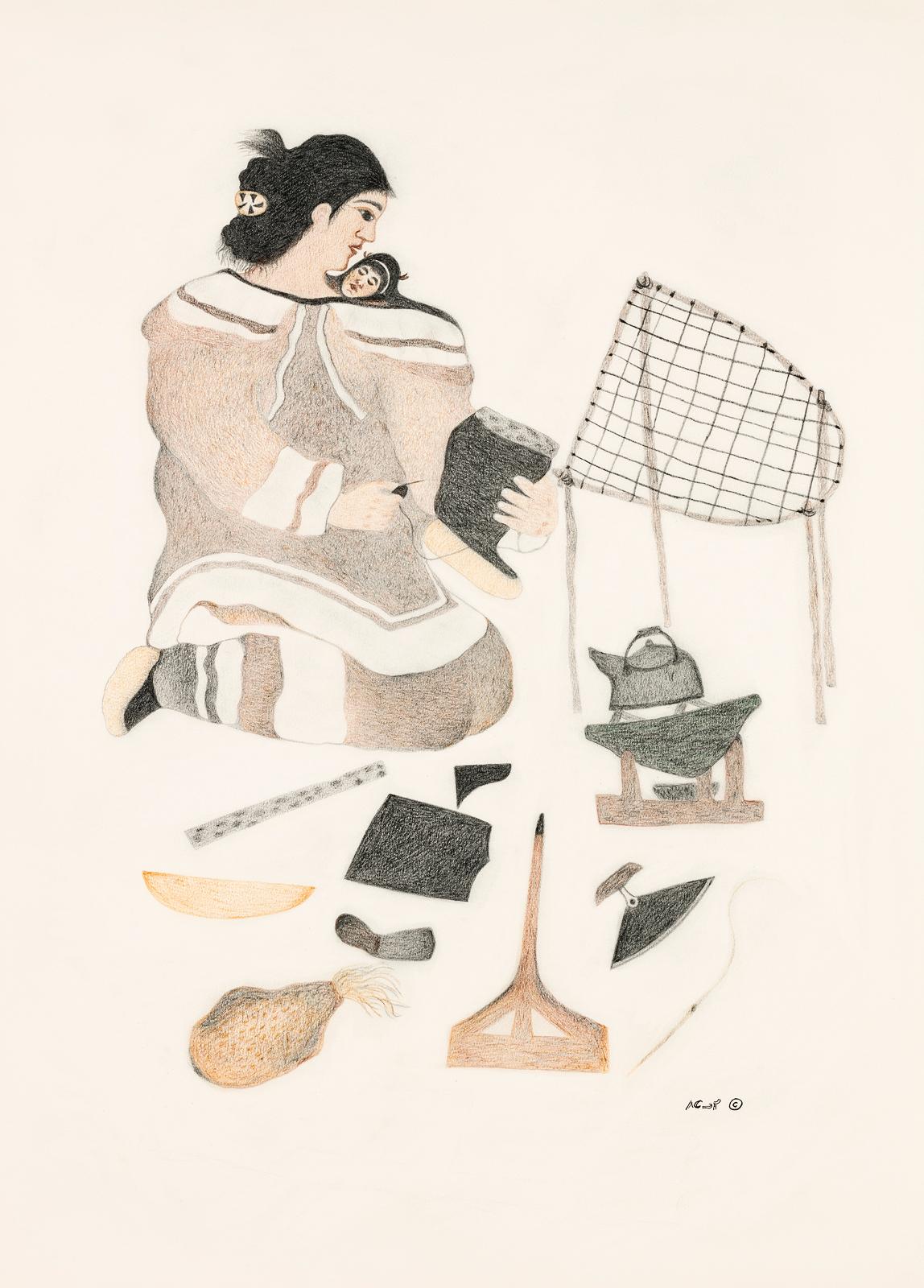 Pitaloosie Saila (1942-2021) - Mother At Camp, Sewing A Kamik, 2012