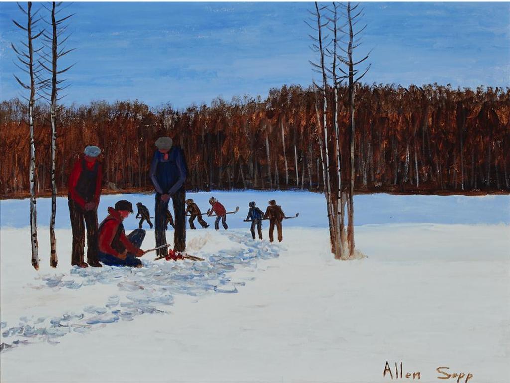 Allen Fredrick Sapp (1929-2015) - Kids Playing Hockey Game, Men Warming Up