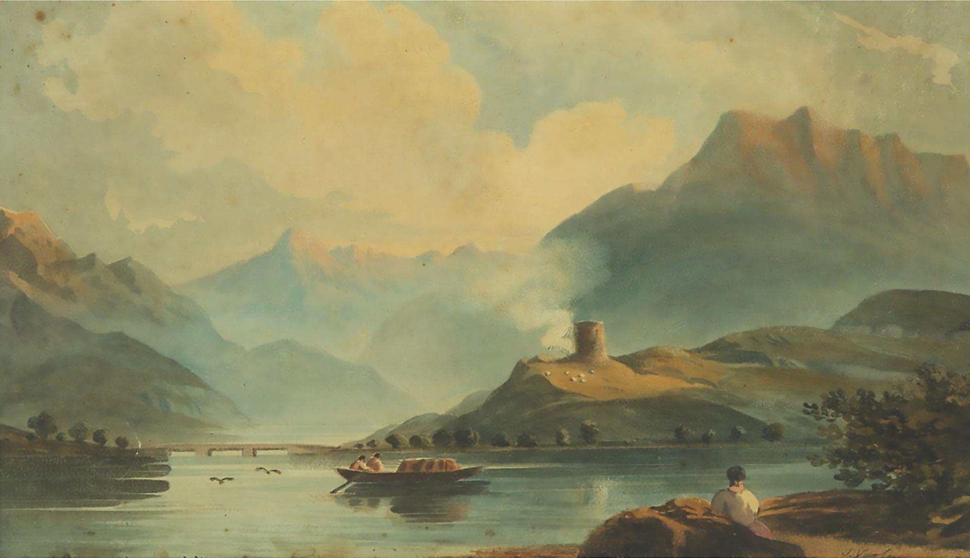 John Varley the Elder (1778-1842) - Hay Barge And Spectator In A Mountainous River Landscape With Castle Ruin