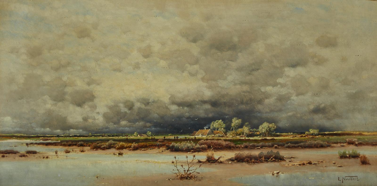 Ludwig (Louis) Neubert (1846-1892) - Rural Homestead On The Horizon With Storm Clouds