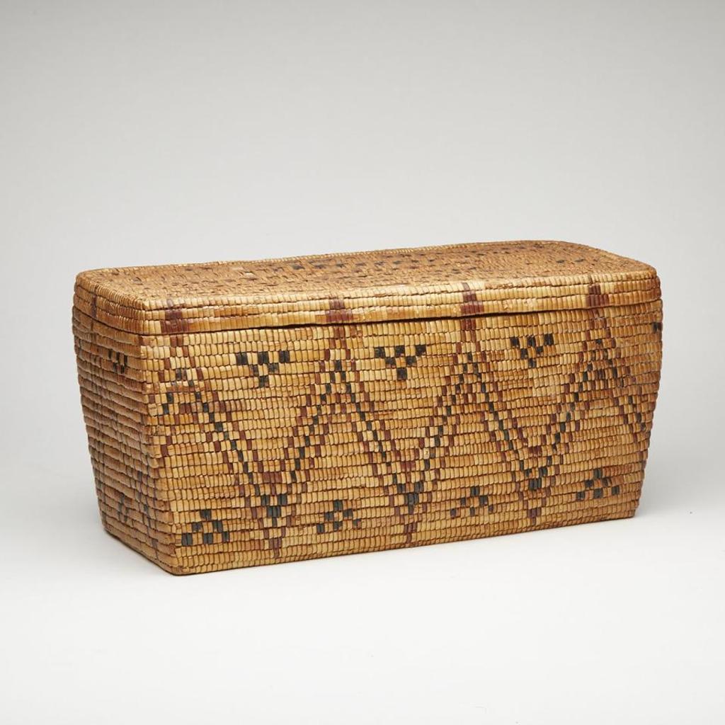 Salish - Lidded Coiled Tapered Rectangular Basket With Decorated Walls