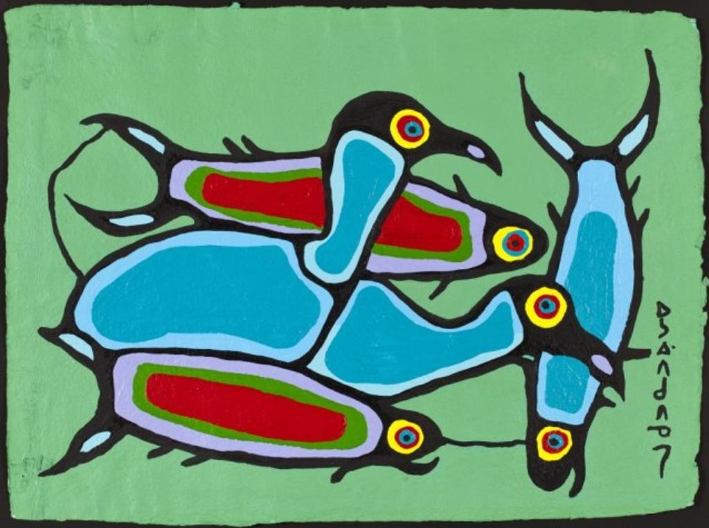 Norval H. Morrisseau (1931-2007) - Ca. 1978, Two Birds and Three Fish, Acrylic on paper, framed