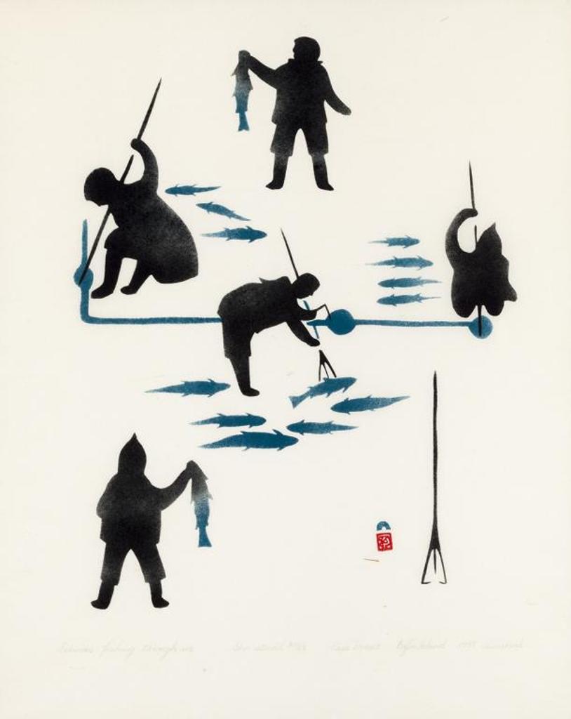 Niviaqsi (1908-1959) - Eskimos Fishing Through the Ice, 1959 #17, stencil, 23/30, framed, 16.75 x 13.5 in, 42.8 x 34.5 cm