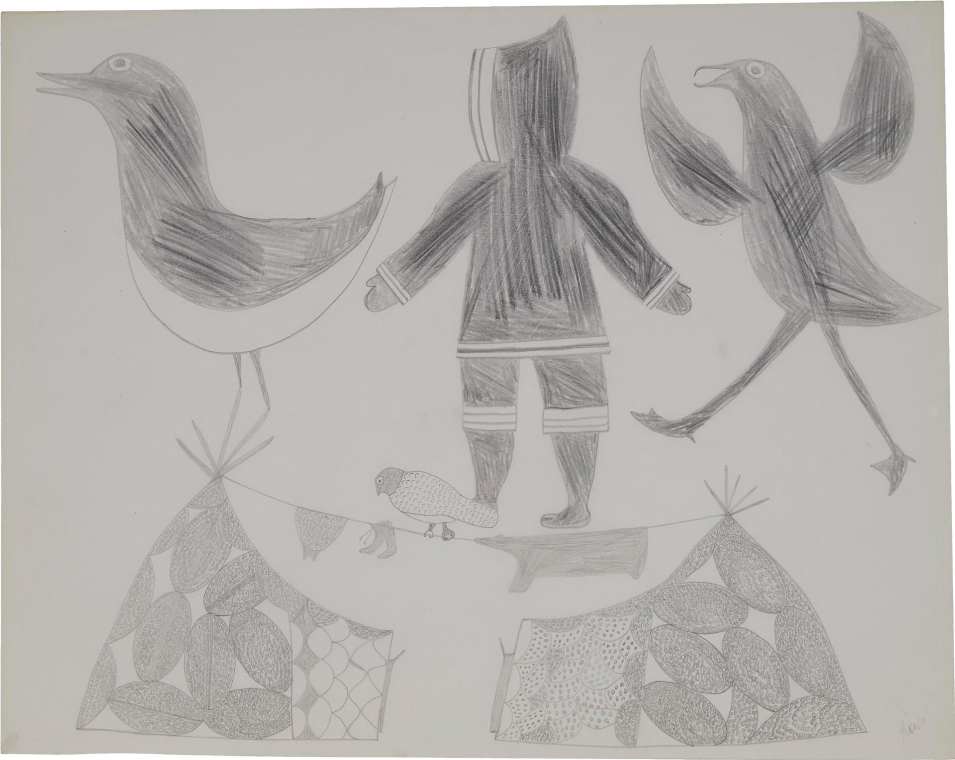 Kenojuak Ashevak (1927-2013) - Untitled (Figure With Birds At Summer Camp)