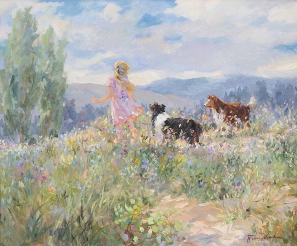 Jose Trinidad (1924-2019) - Girl in a Field with Two Dogs