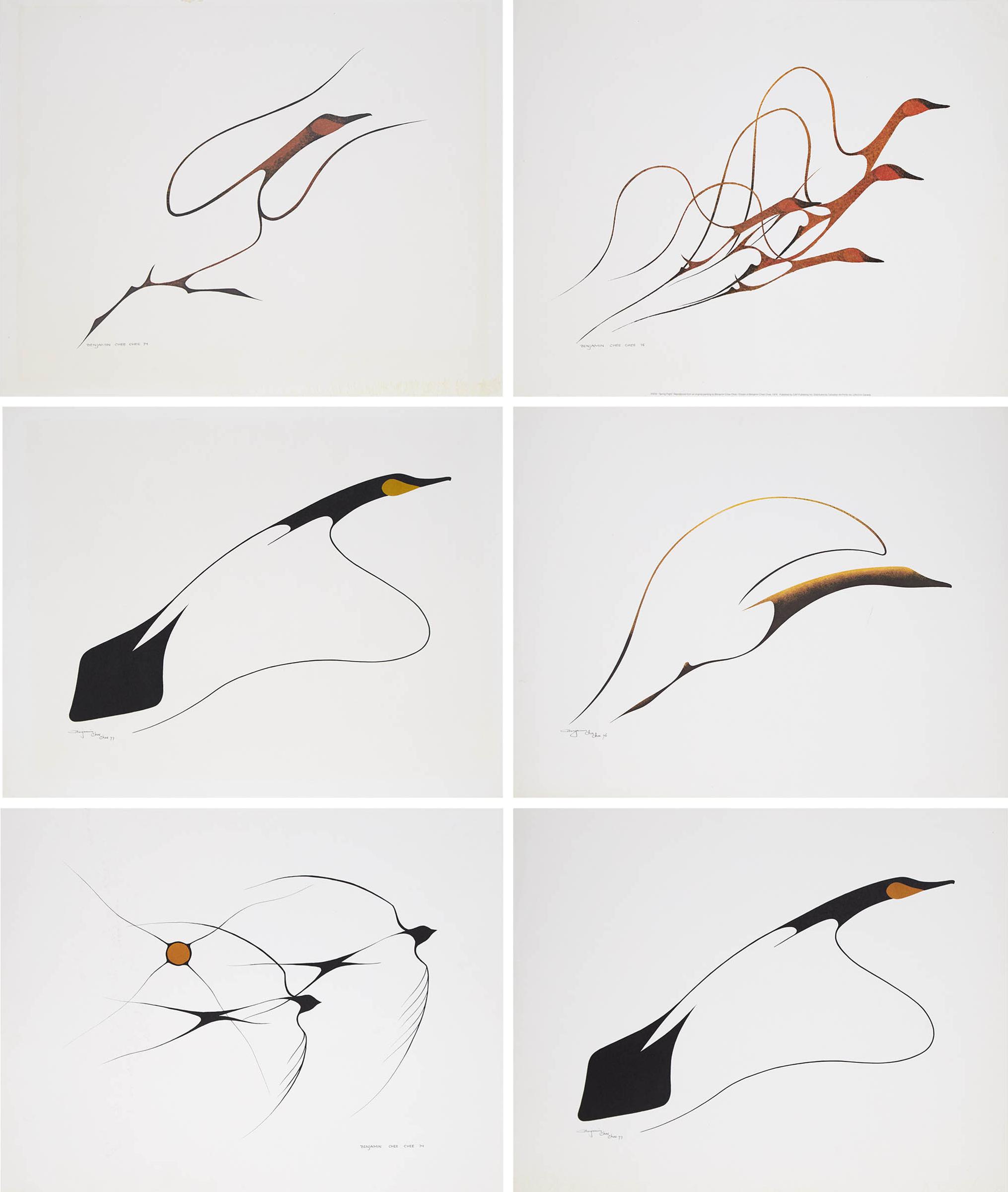 Benjamin Chee Chee (1944-1977) - Five Untitled Lithographs, 1974-1977; Spring Flight, 1974