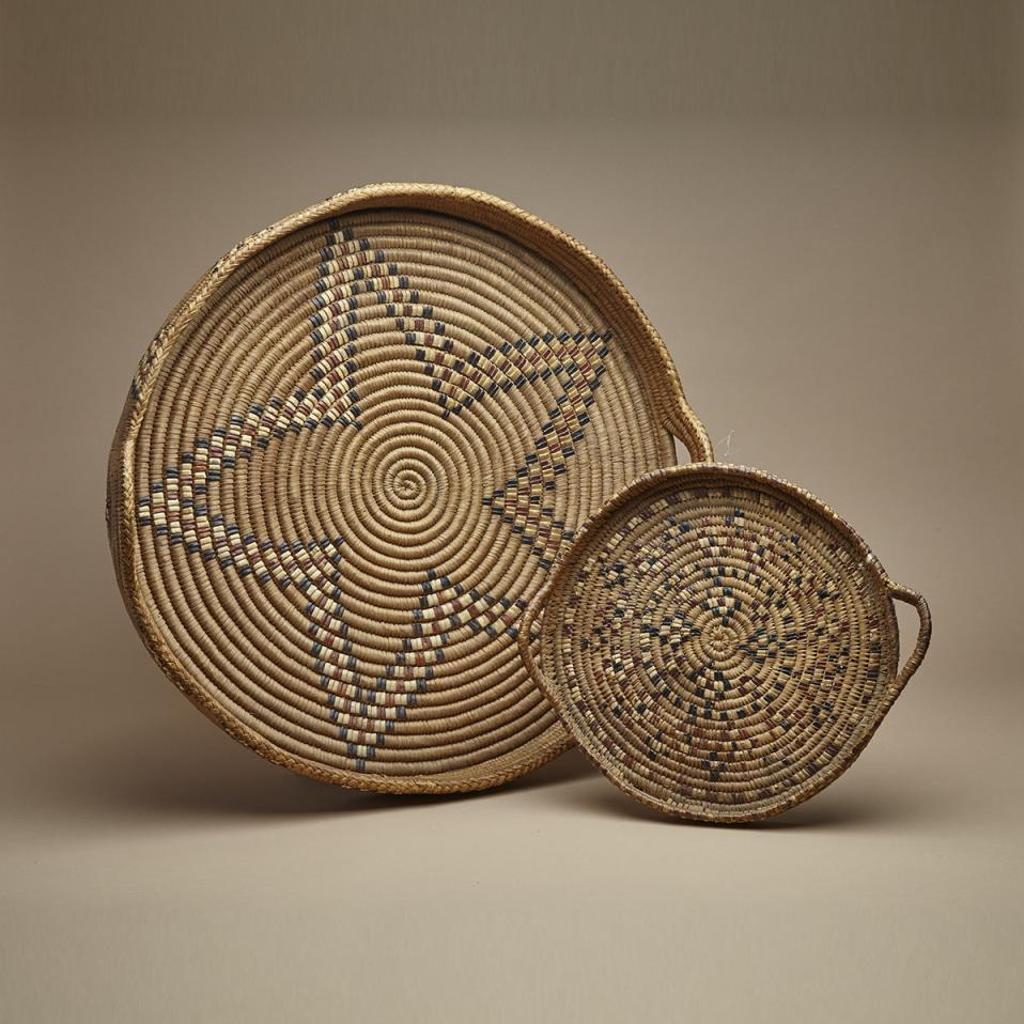 Salish - Two Open Circular Trays With Handles And Decorated Wells And Sides