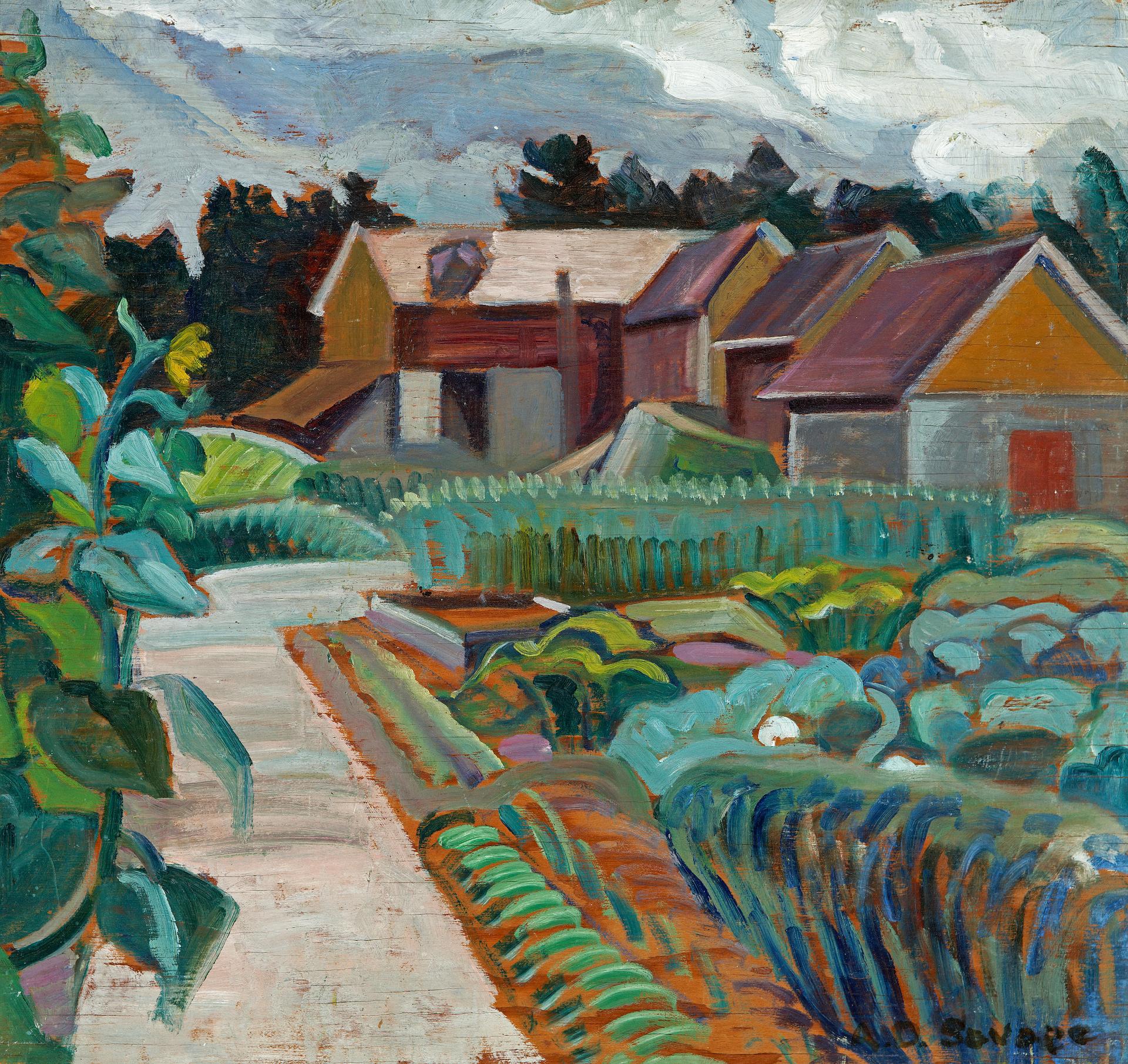 Anne (Annie) Douglas Savage (1896-1971) - Untitled (sunflower and vegetable garden in summer, with farm buildings beyond)