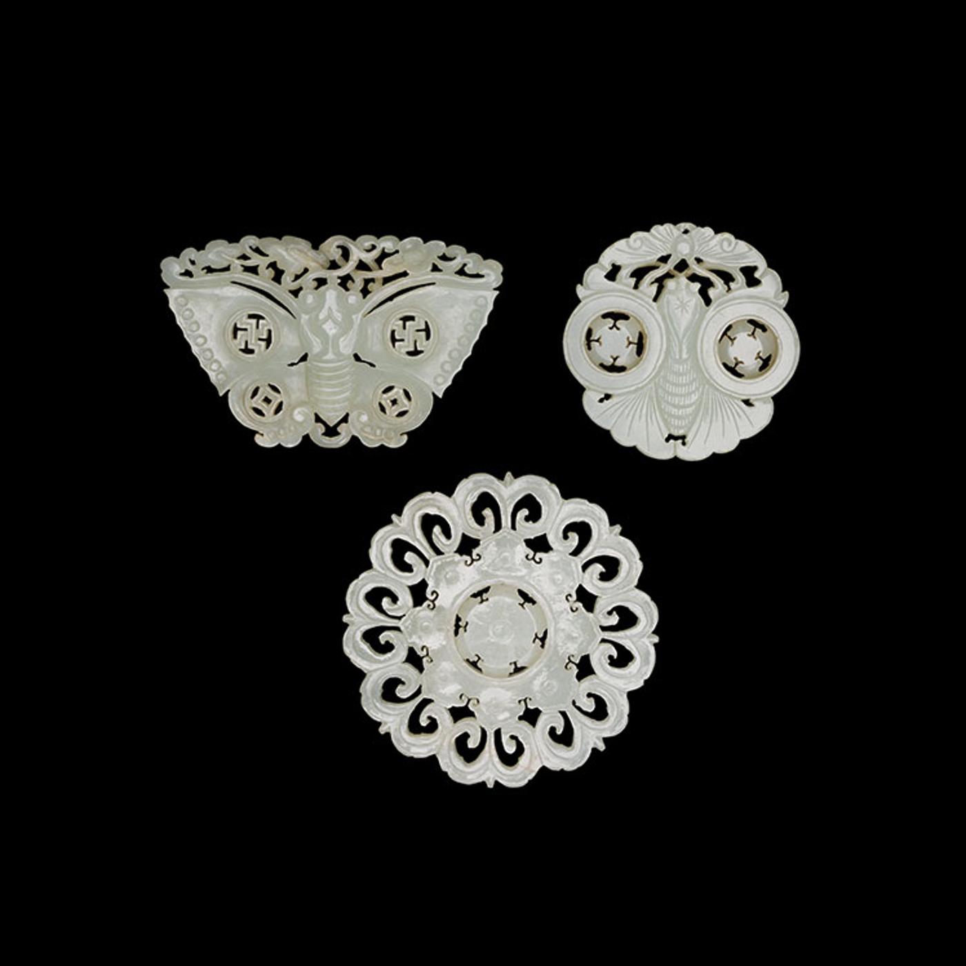 Chinese Art - Three Chinese Reticulated Pale Celadon Jade Pendants, 19th Century