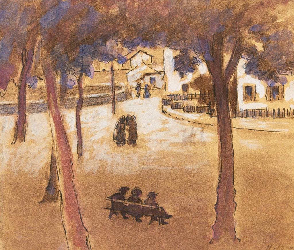 Place du village - watercolour - made by Henri Beau