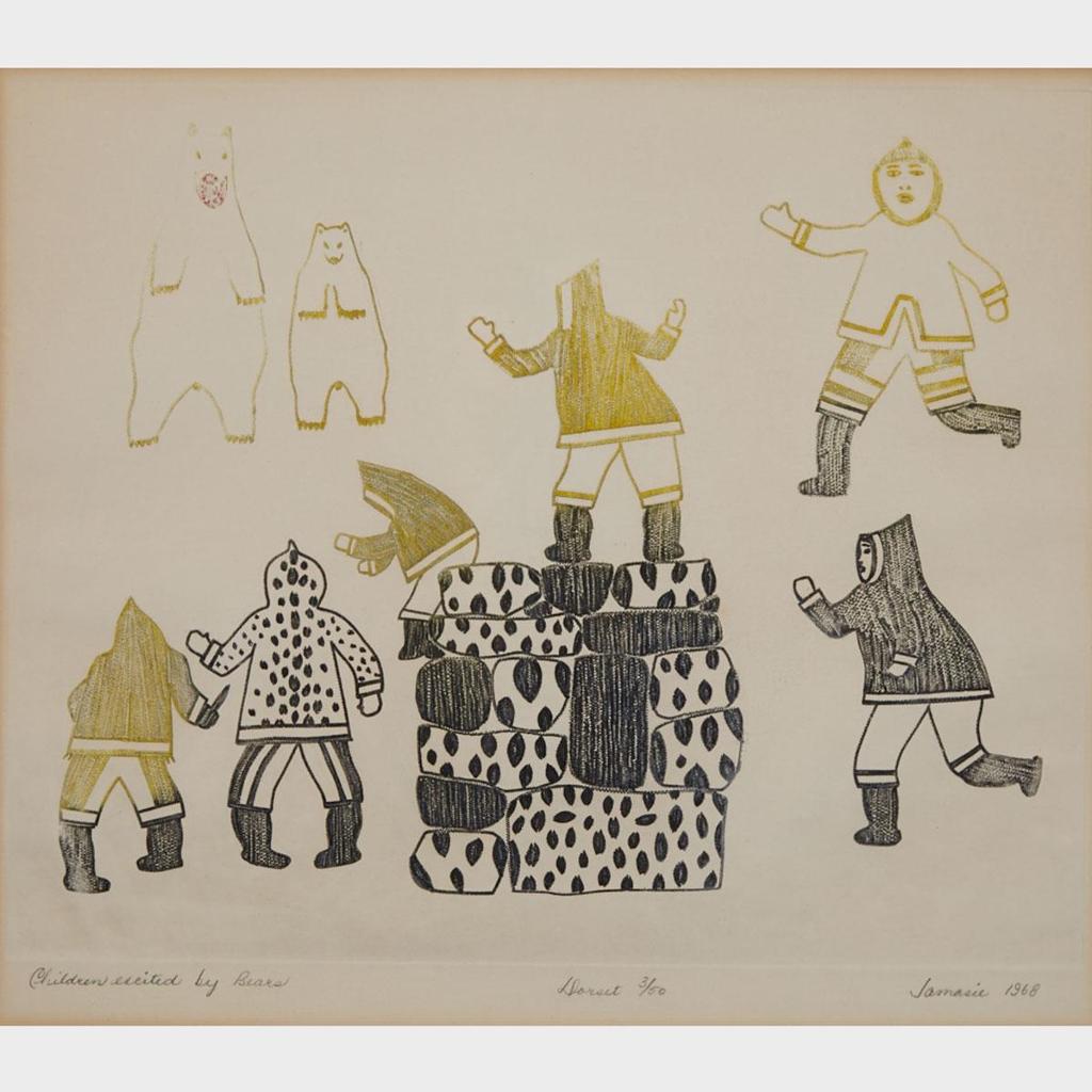 Jamasie Teevee (1910-1985) - Children Excited By Bear; Inside The Igloo