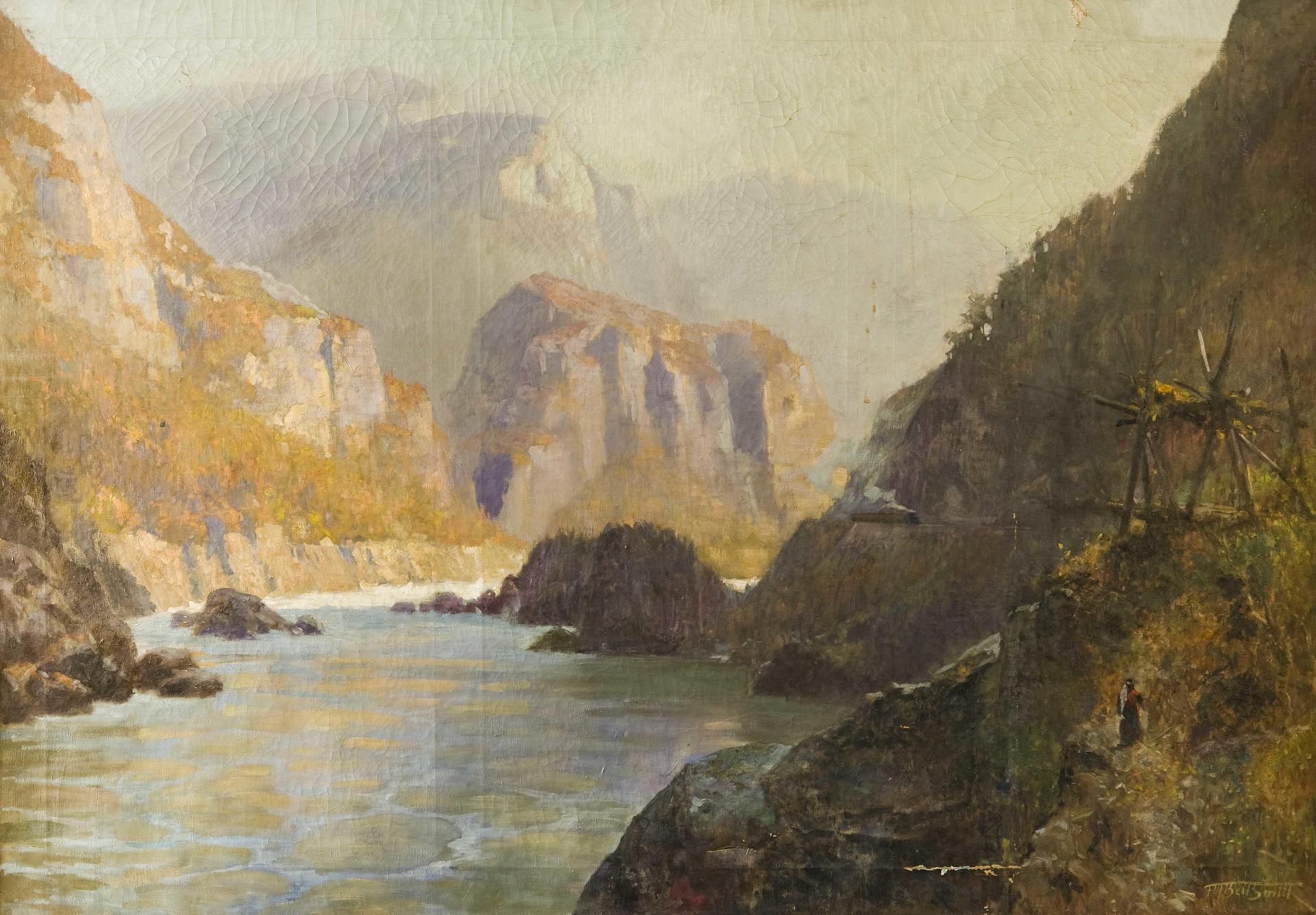 Frederic Martlett Bell-Smith (1846-1923) - Train passing through the Fraser Canyon near an Indian fishing place