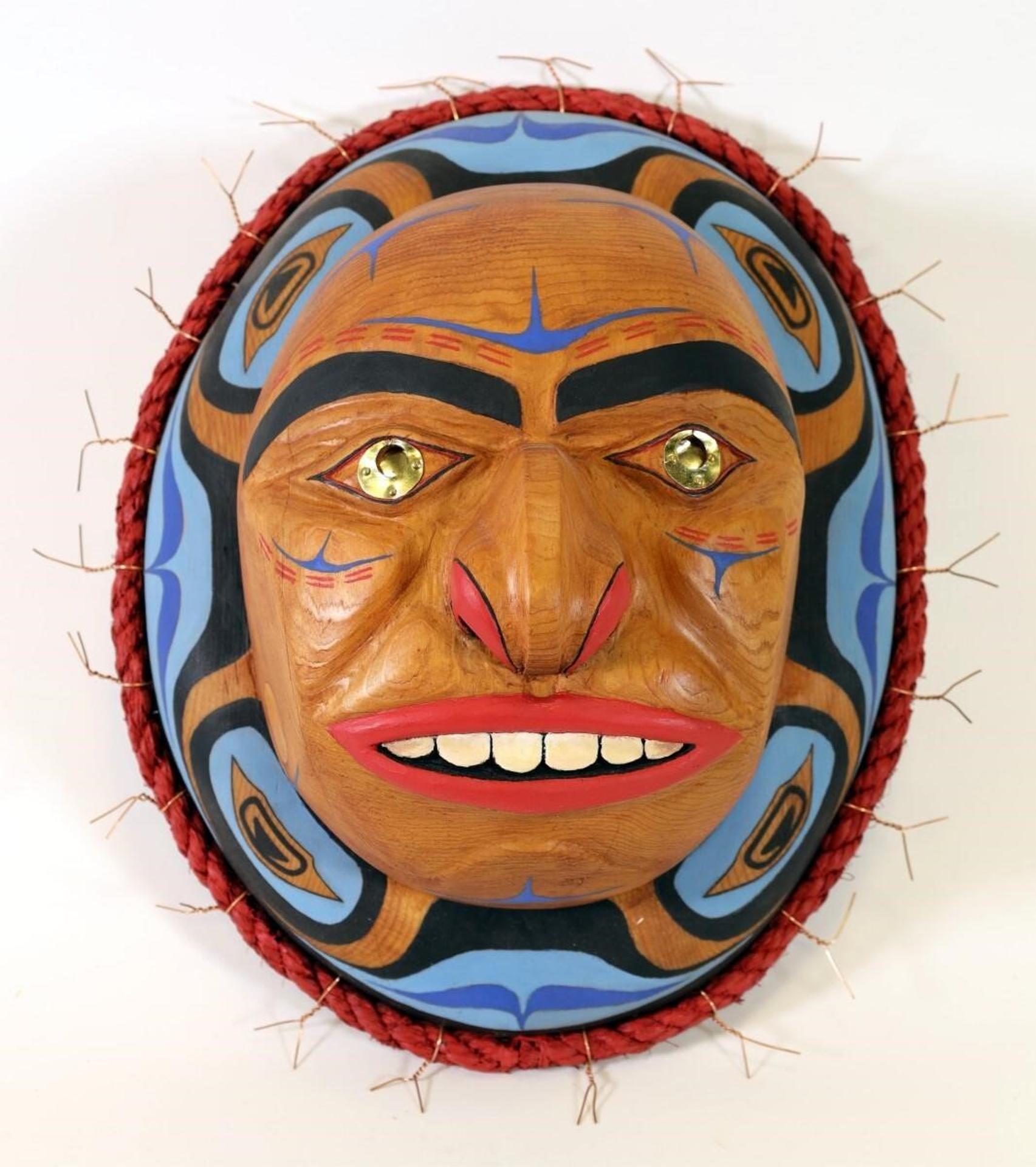 Polychrome Cedar Carved Mask - a polychrome carved cedar and mixed media mask (relief carving), depicting a Face
