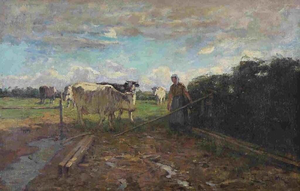 Henricus Ludovicus (Louis) Ludwig (1856-1925) - Pastoral Scene With Woman And Cows