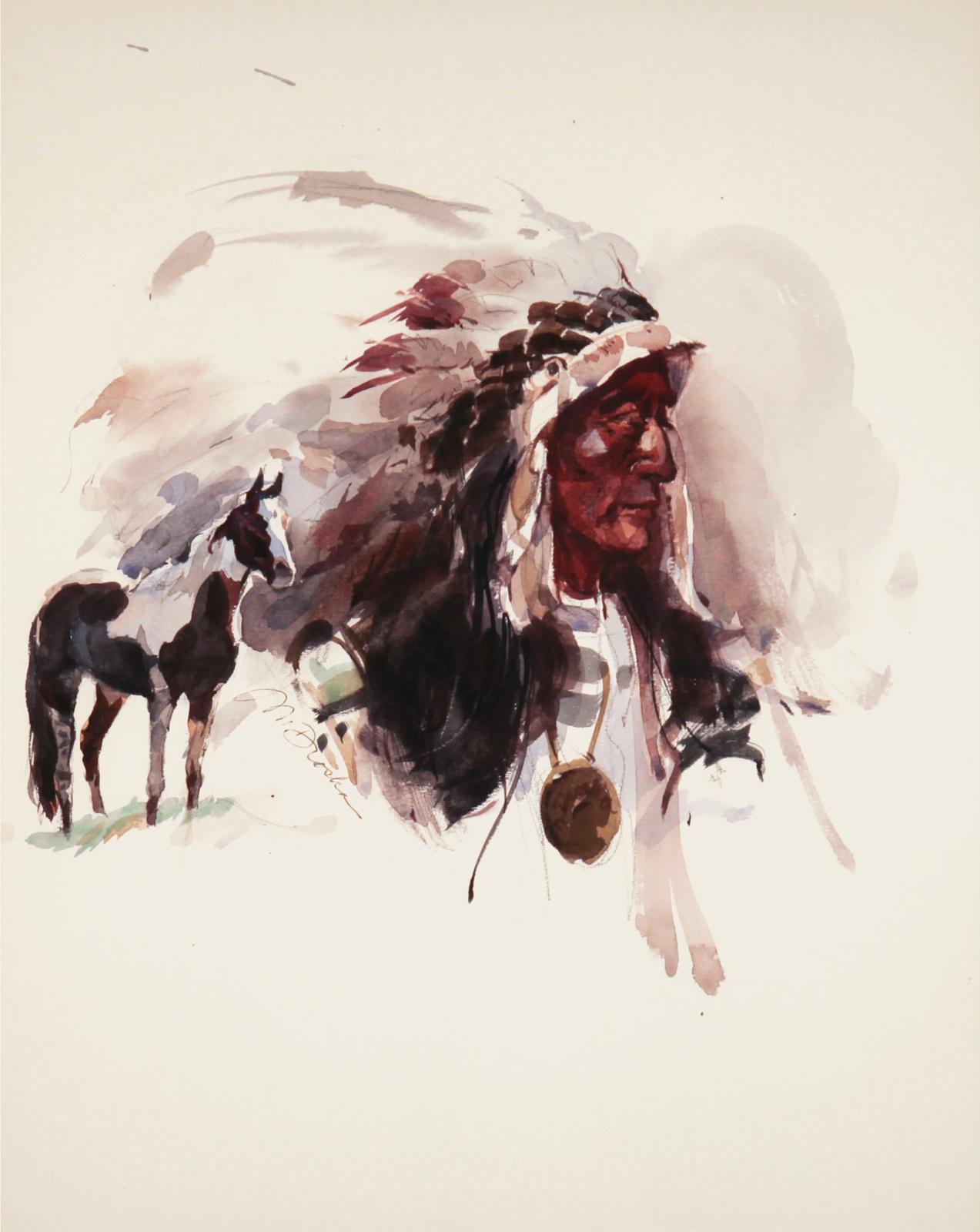 John Droska (1920-2005) - North American Indian In A Feathered Headdress His Stallion At His Side, 1977