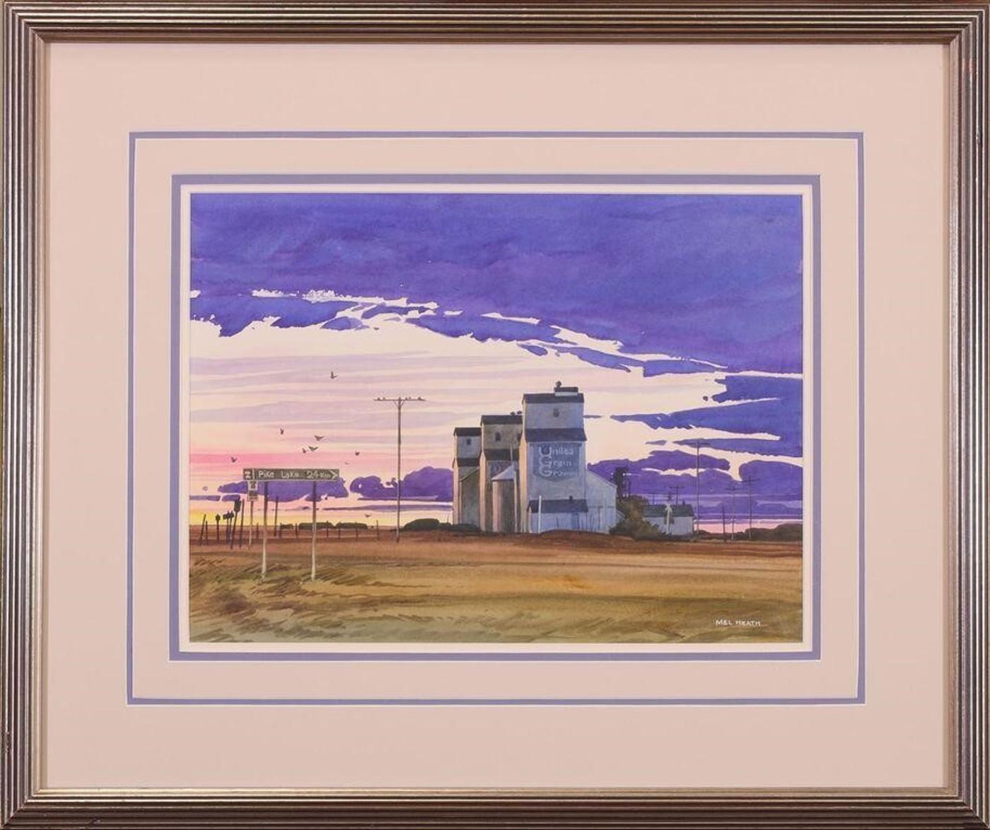 Mel Heath (1930) - Untitled, Grain Elevators at Sunset