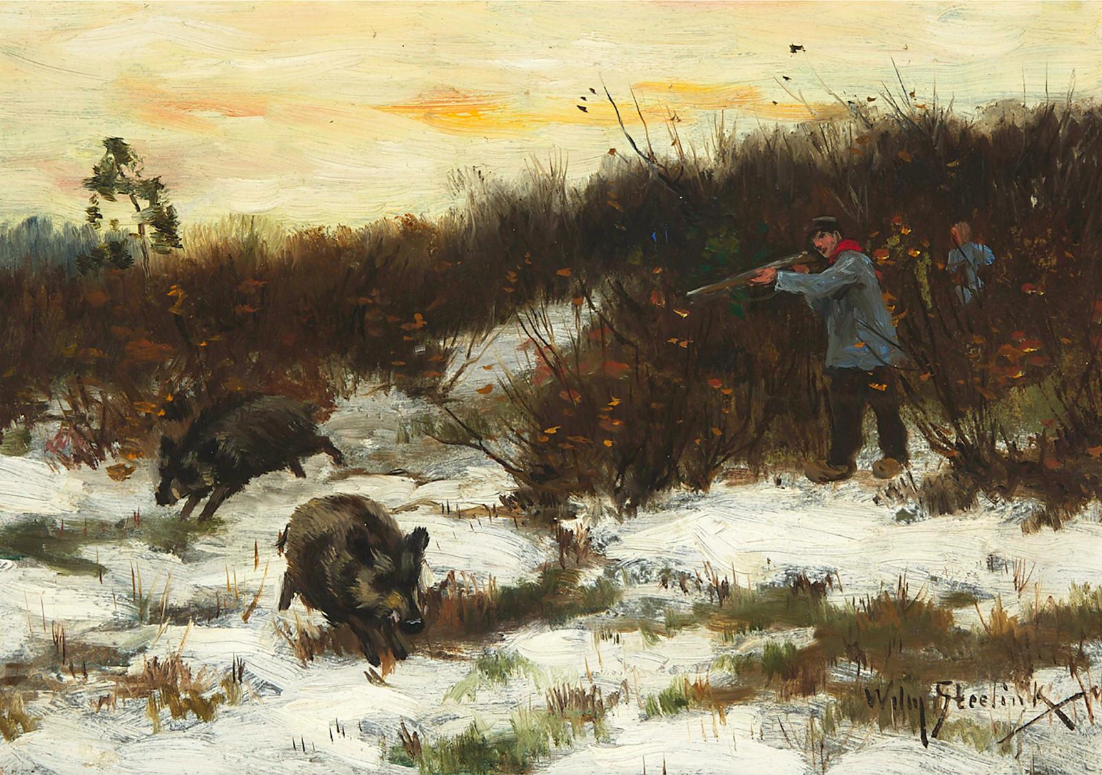 Willem Steelink (1856-1928) - Boar Hunt In Snow