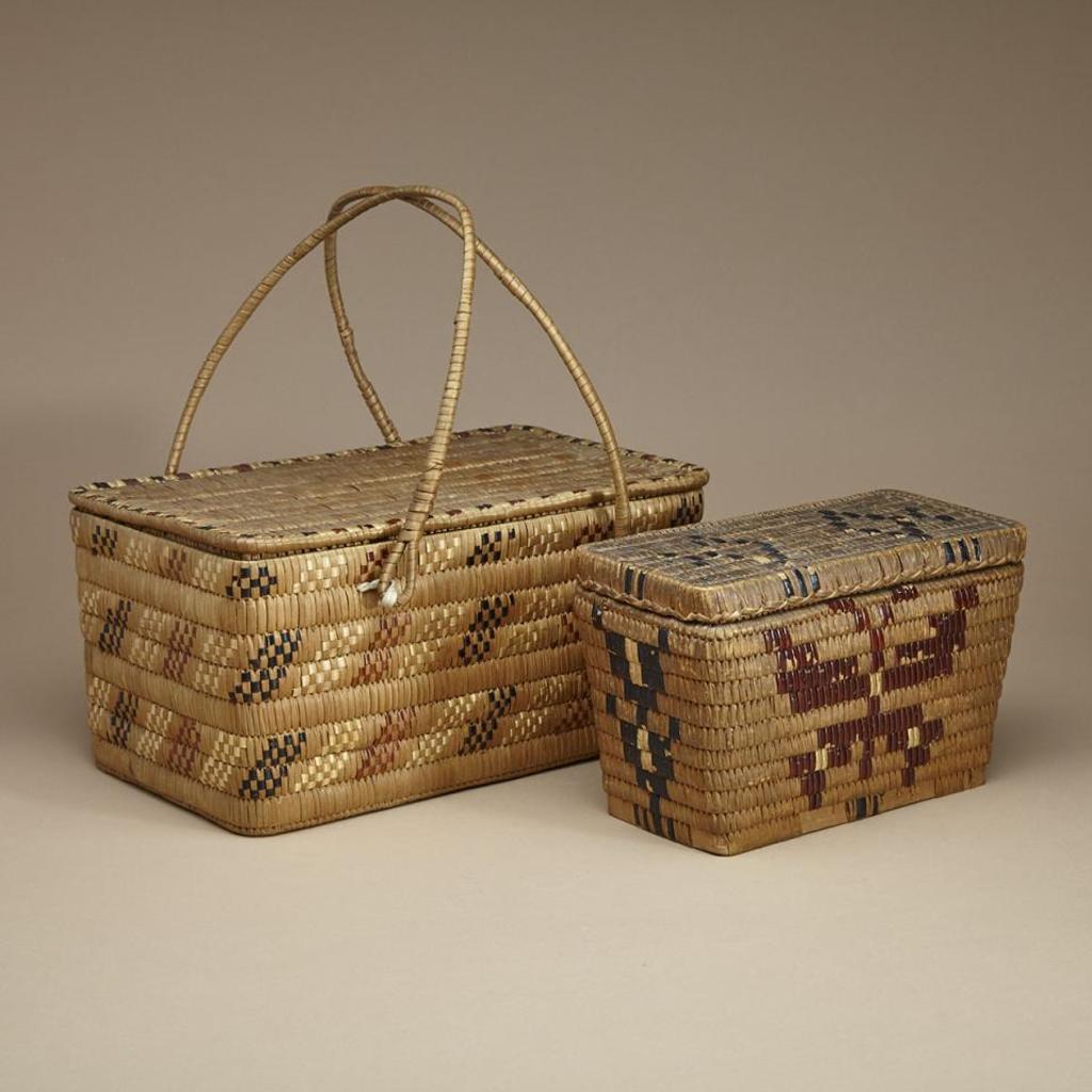 Salish - Lidded Coiled Tapered Rectangular Basket With Decorated Walls And Lid; Lidded Coiled Picnic Basket