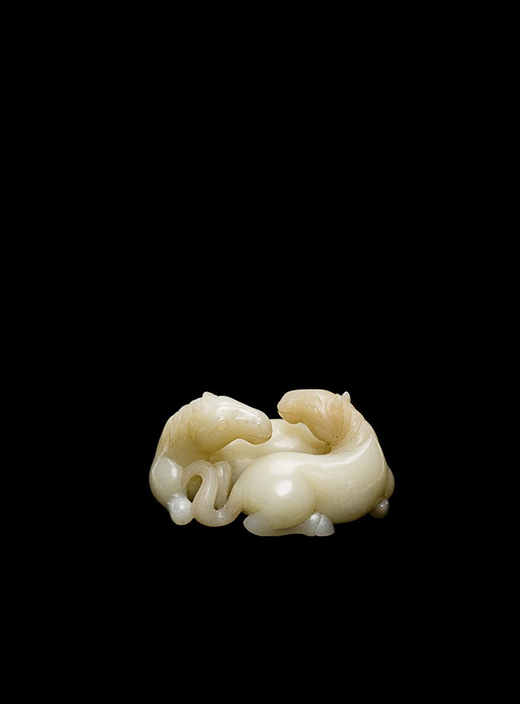 Chinese Art - A Chinese Mottled Pale Celadon Double Horse Group, 19th Century