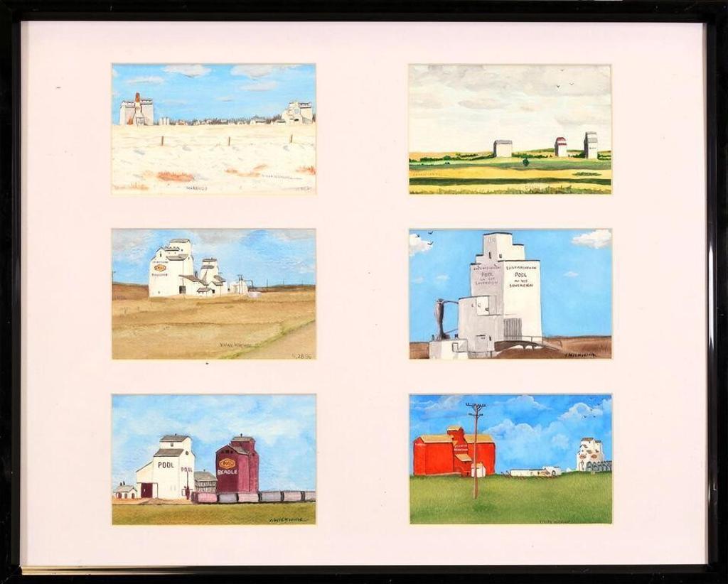 Vivian Wickwire - Untitled, Prairie Scenes with Grain Elevators (Marengo; Darcy; Flaxcombe; Sovereign; Beadle; Rosetown)