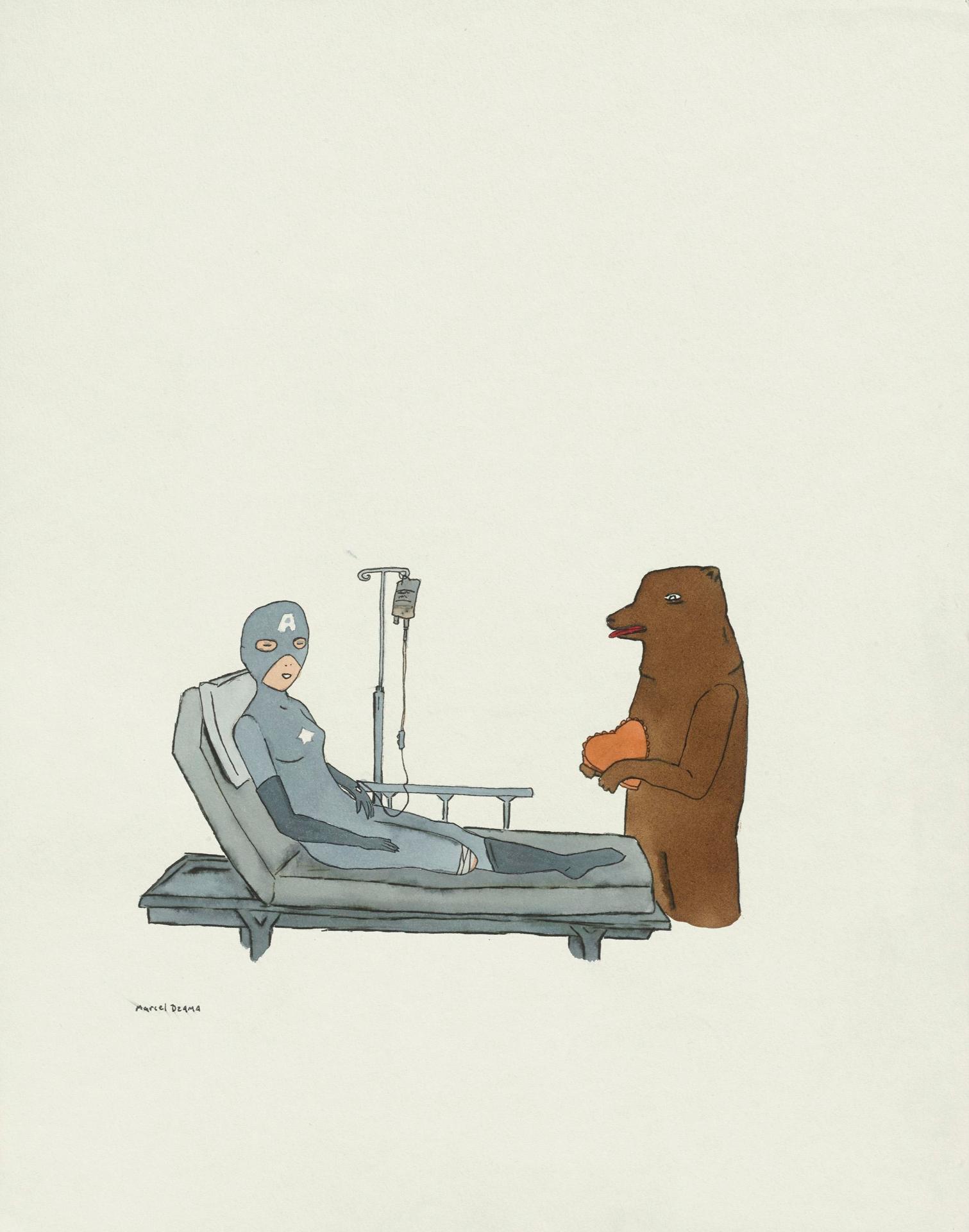 Marcel Dzama (1974) - Untitled (Superhero in Hospital Bed), 2000
