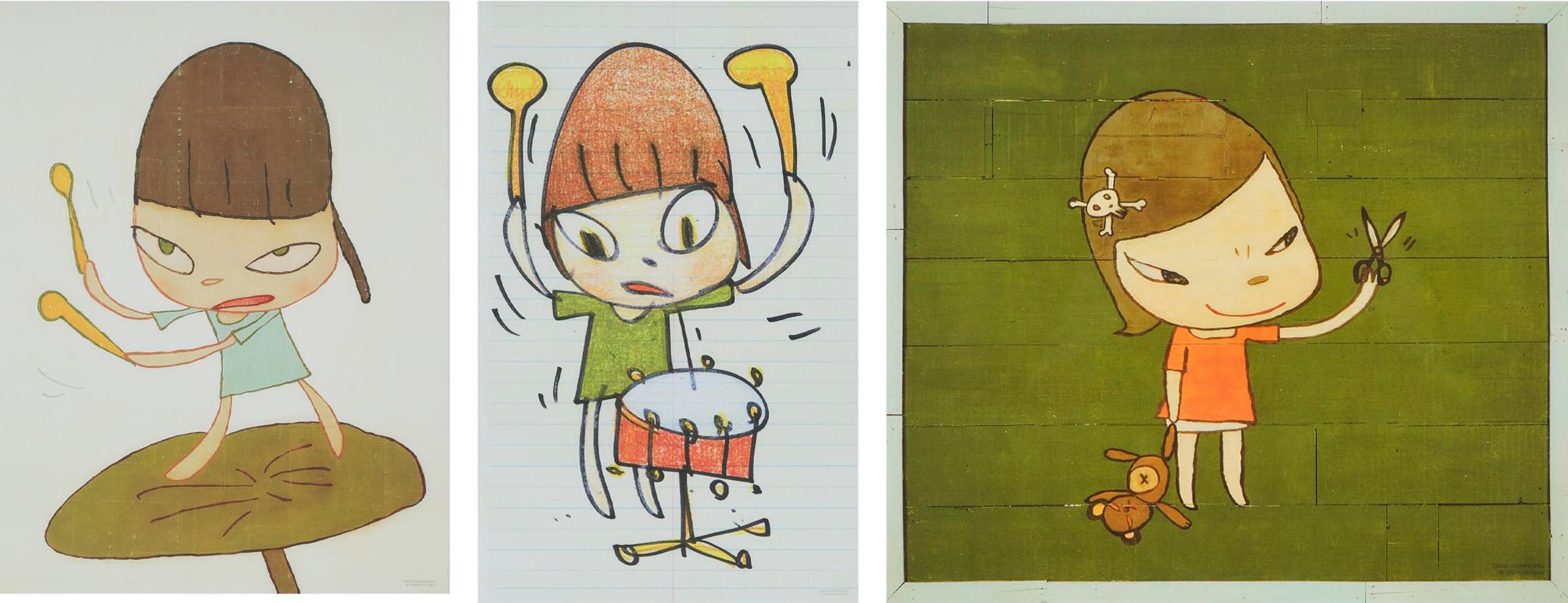 Yoshitomo Nara (1959) - Banging The Drum; Marching On A Butterbur Leaf; Real One, 2019-2020