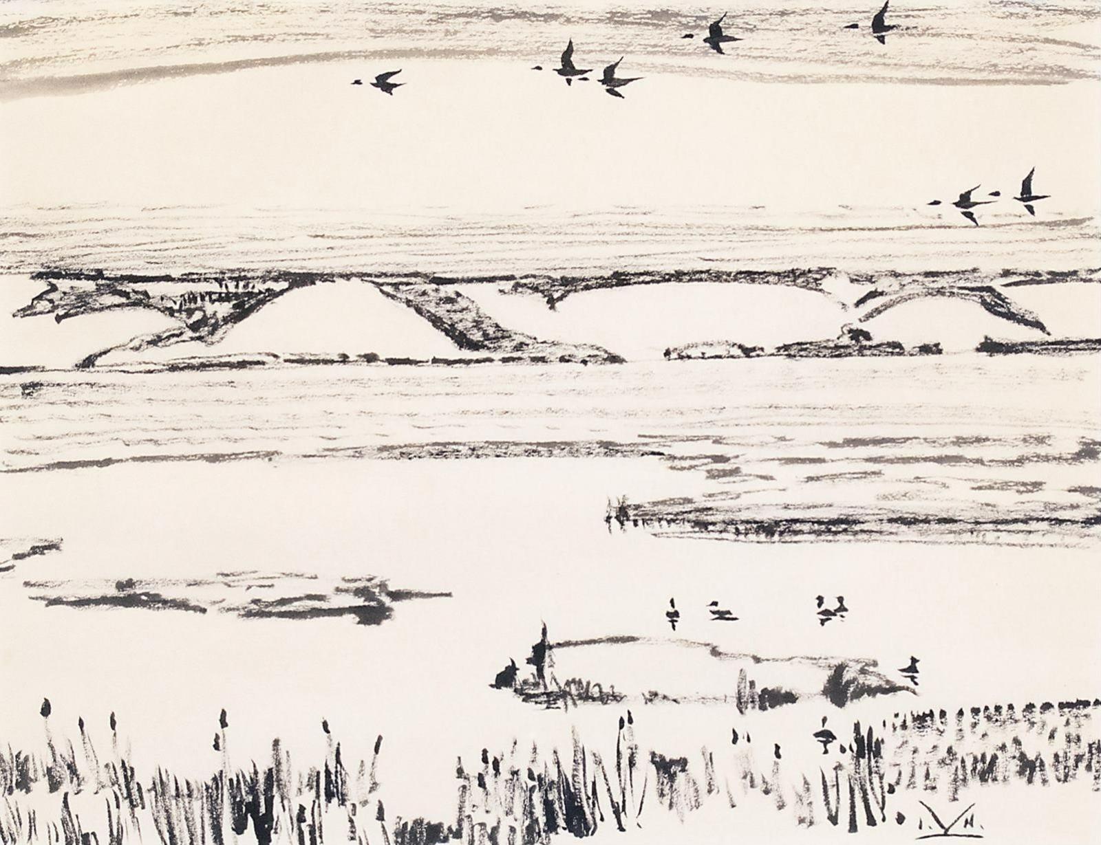 Illingworth Holey (Buck) Kerr (1905-1989) - Geese Flying Over A Marshy River Valley