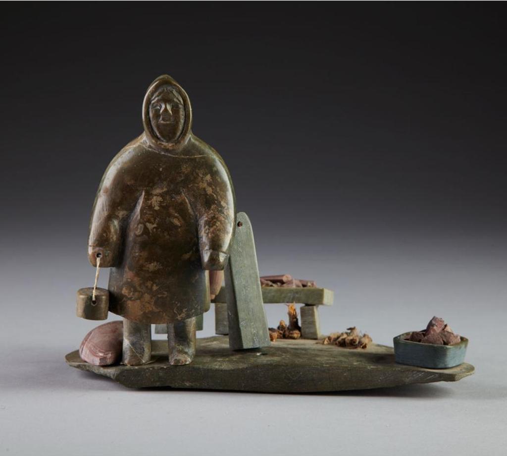 Naomi Atatahak (1926) - Inuit Figure Standing In His Camp With Caught Fish And A Seal