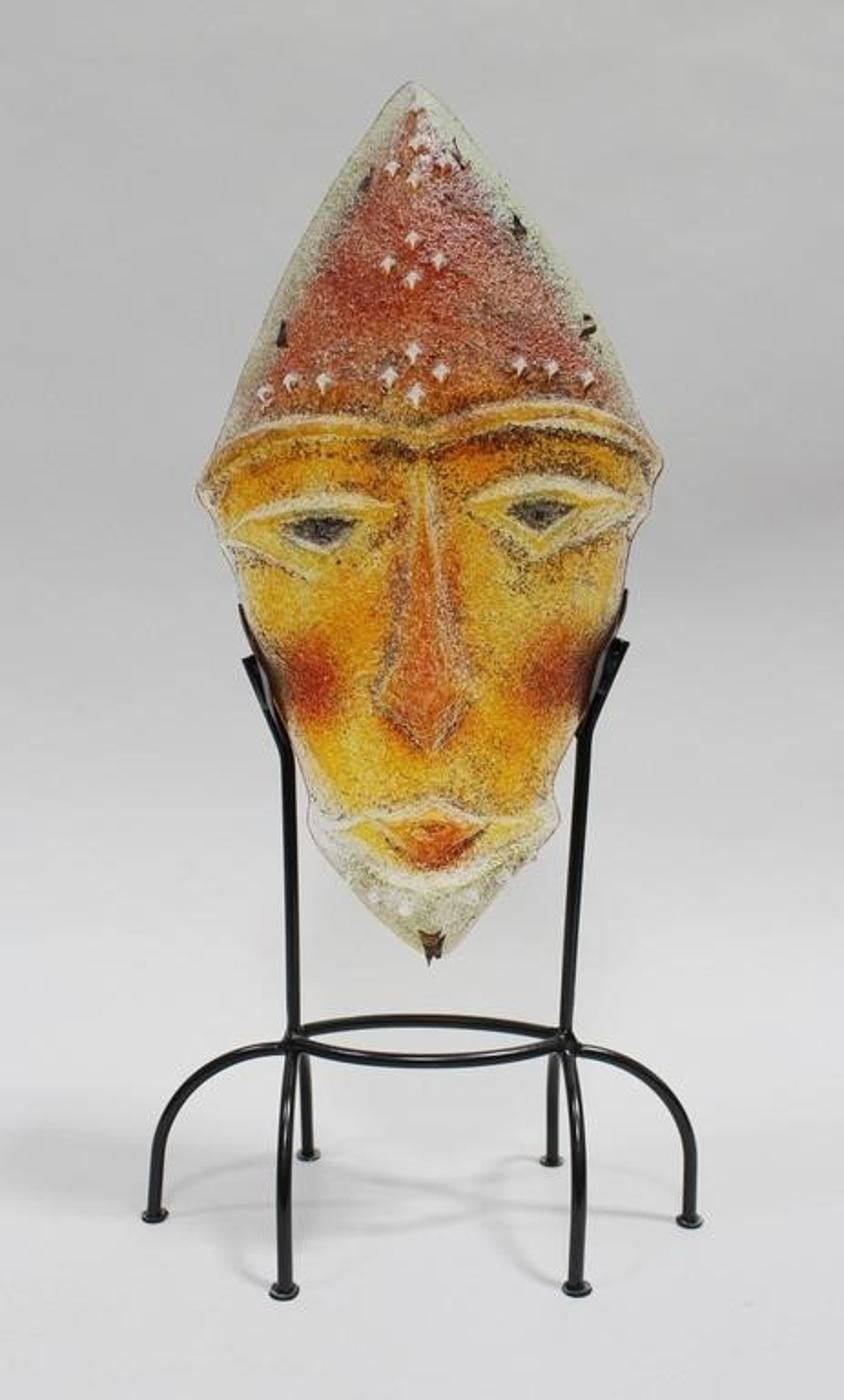 Diane Ferland Cassandre Studio (1955) - A sandcast glass Face Mask sculpture, with copper inlay, on a metal display stand