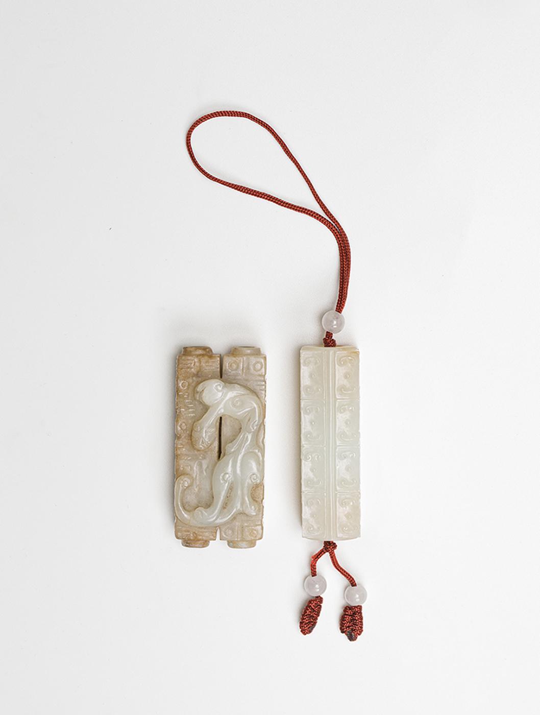 Chinese Art - Two Chinese Jade Carved Cong-Form Pendants, 19th Century