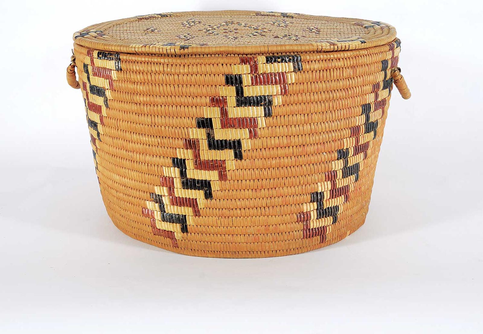 Northwest Coast First Nations School - Large Lidded Basket with Tri-Coloured Diagonal Shapes