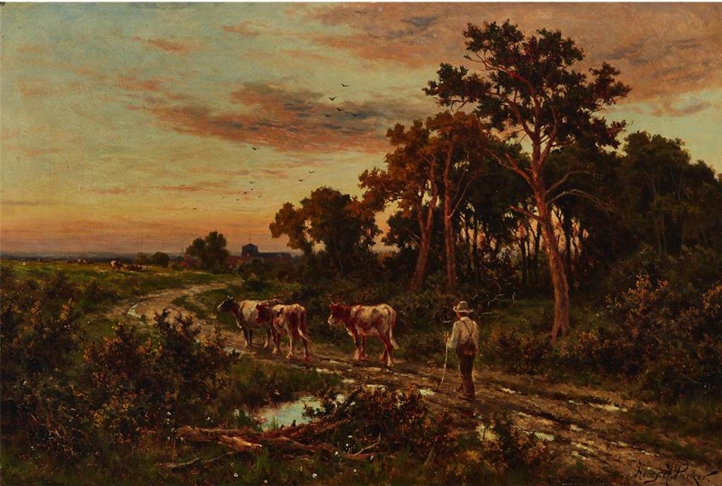 Henry H. Parker (1858-1930) - Herding Cows Homeward At Sunset