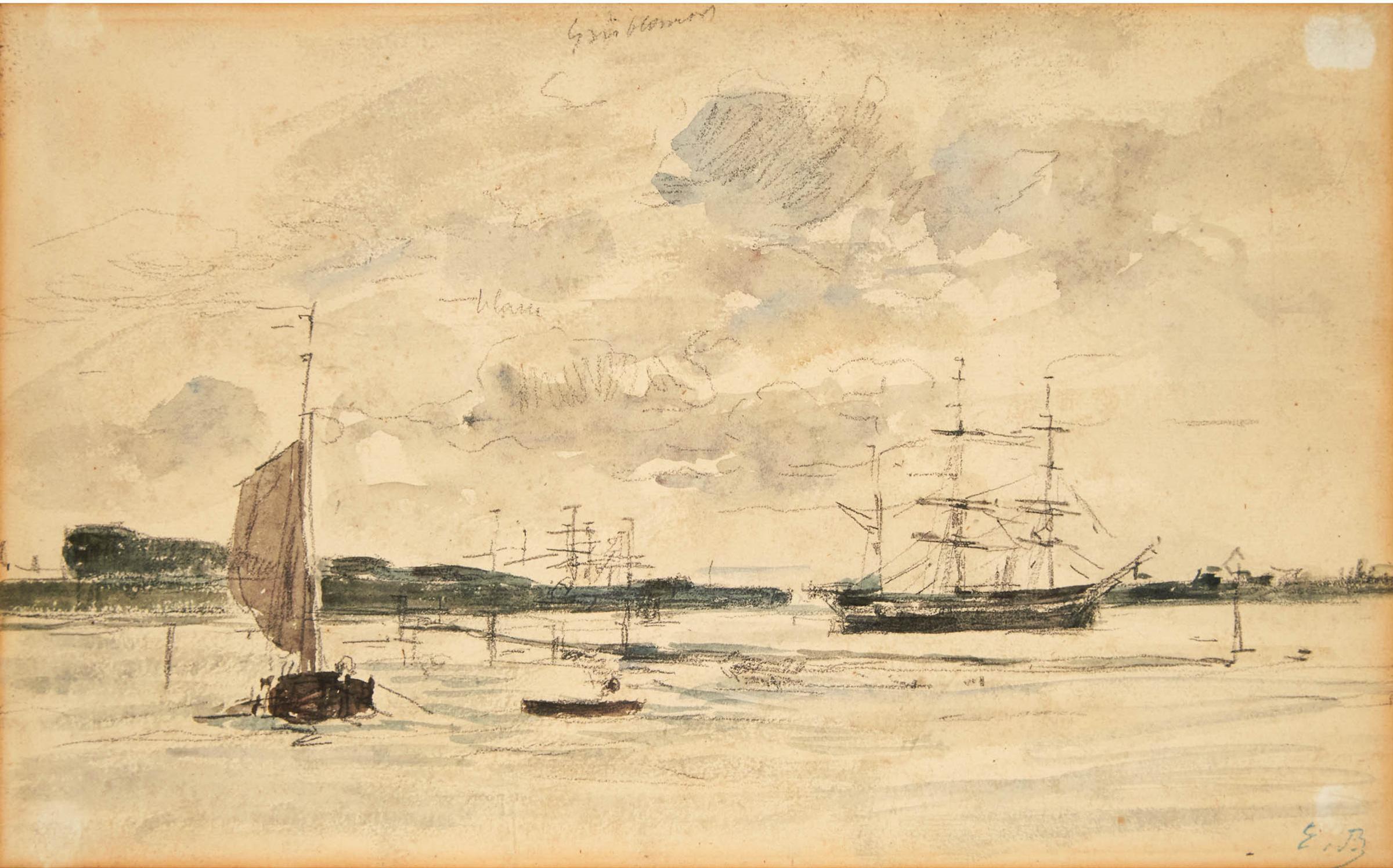 Eugène Louis Boudin (1824-1898) - Schooners At Anchor Near Brest, Ca. 1870