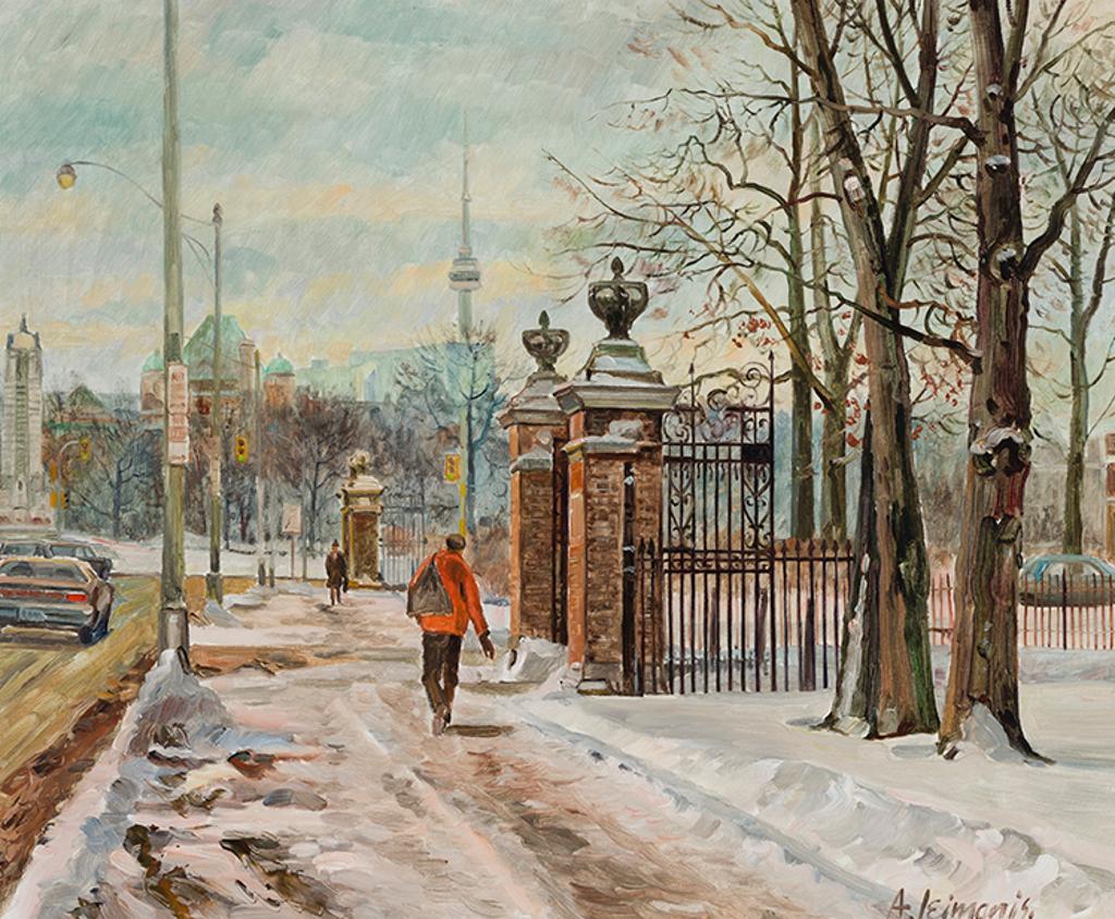 Andris Leimanis (1938) - A Moody Winter Scene of Parliament Buildings and the CN Tower From Queen's Park Near Bloor
