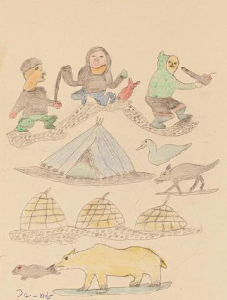Tuna Iquliq (1935-2015) - Untitled (Fishing, Camps and Animals), ca. 2010