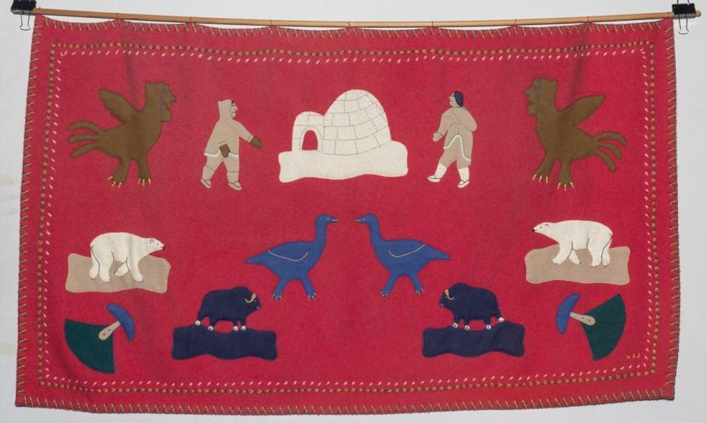 Pootoogook (1887-1958) - a large embroidery depicting figures and animals on a red felt background.