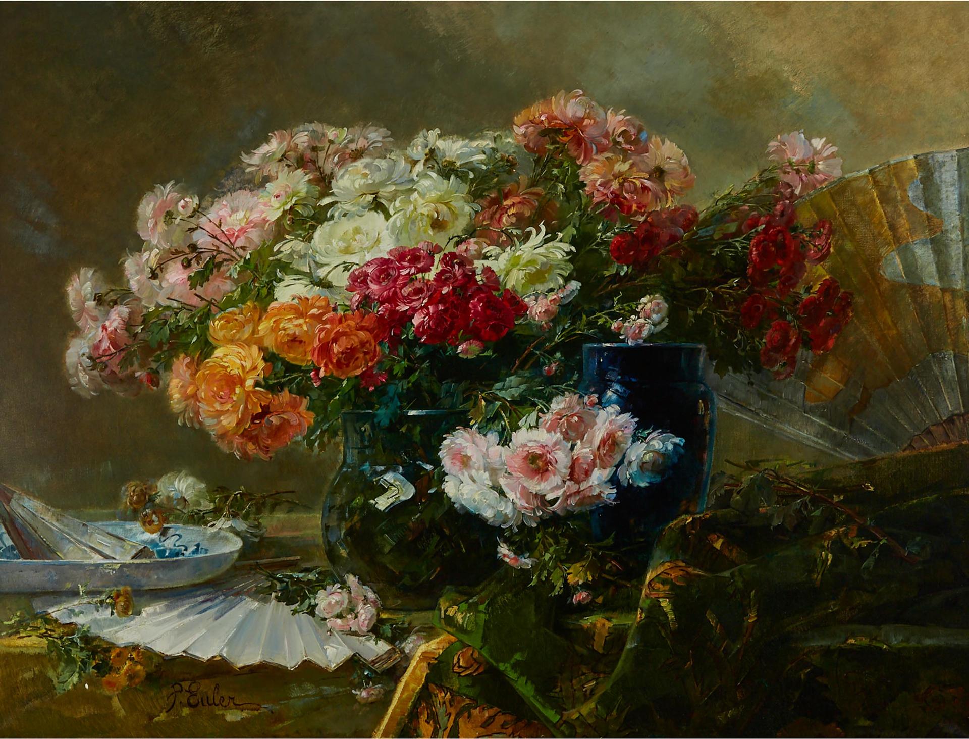 Pierre-Nicolas Euler (1846-1913) - Still Life Of Flowers With Fans