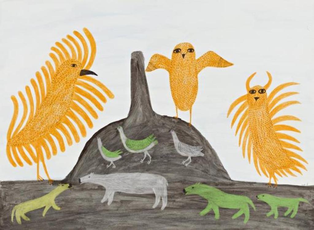 Lucy Qinnuayuak (1915-1982) - Birds, Bear and Wolves, 1977, coloured pencil,
