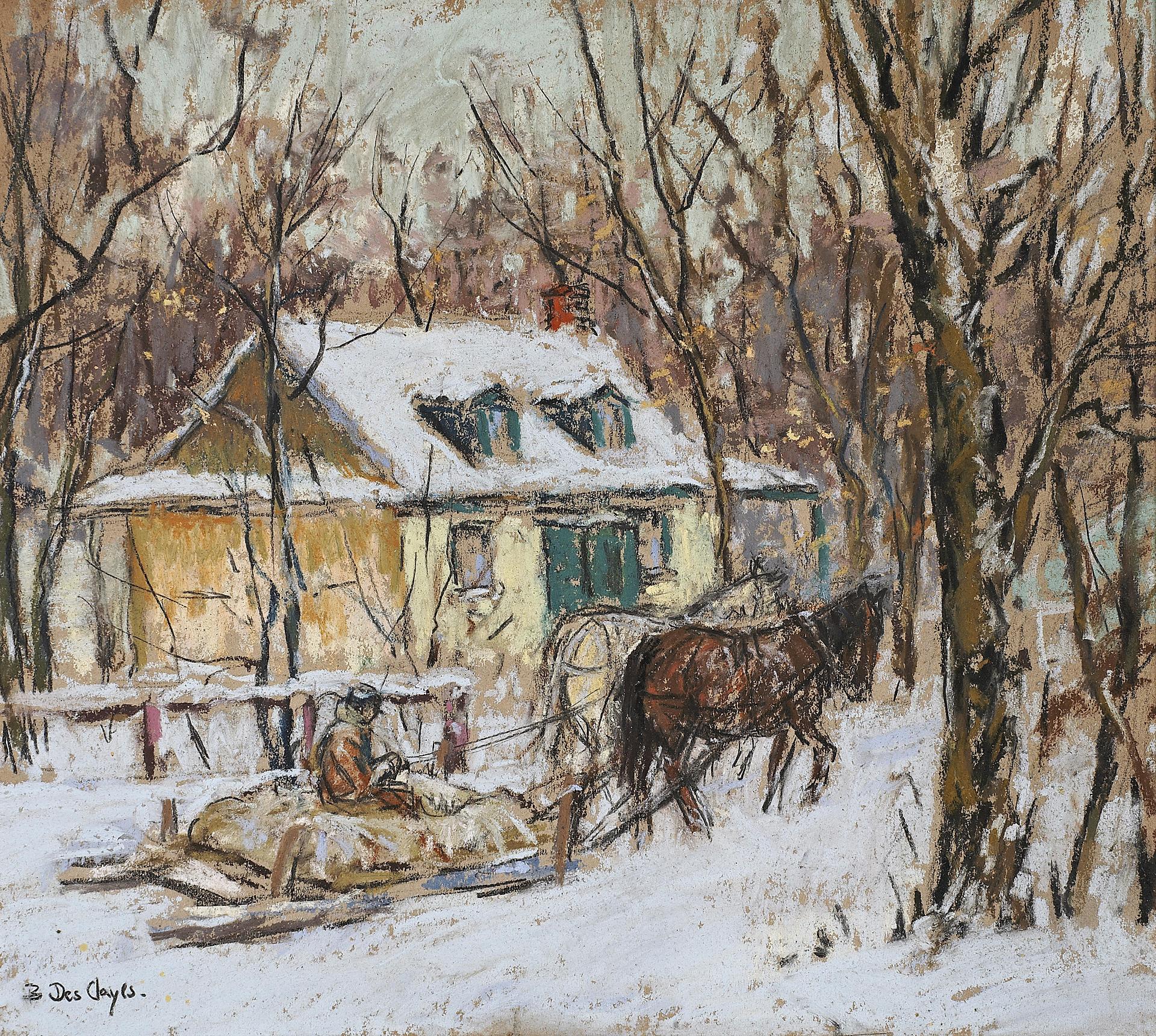 Berthe Des Clayes (1877-1968) - Horse-drawn sled passing a yellow house