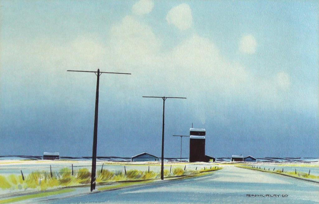 Robert Newton Hurley (1894-1980) - Prairie Road And Grain Elevator, Twilight; 1960