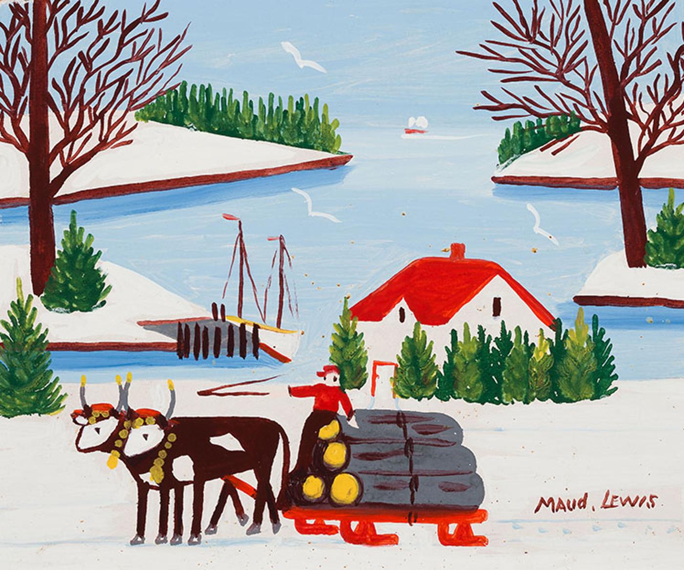 Maud Kathleen Lewis (1903-1970) - Oxen Pulling Logs