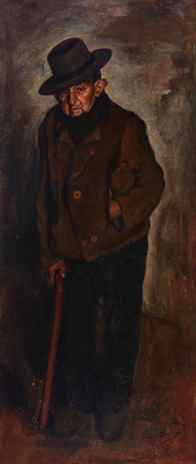 Spanish School - El Nene (An Old Man In A Hat With A Cane From One Of The Villages In Spain)