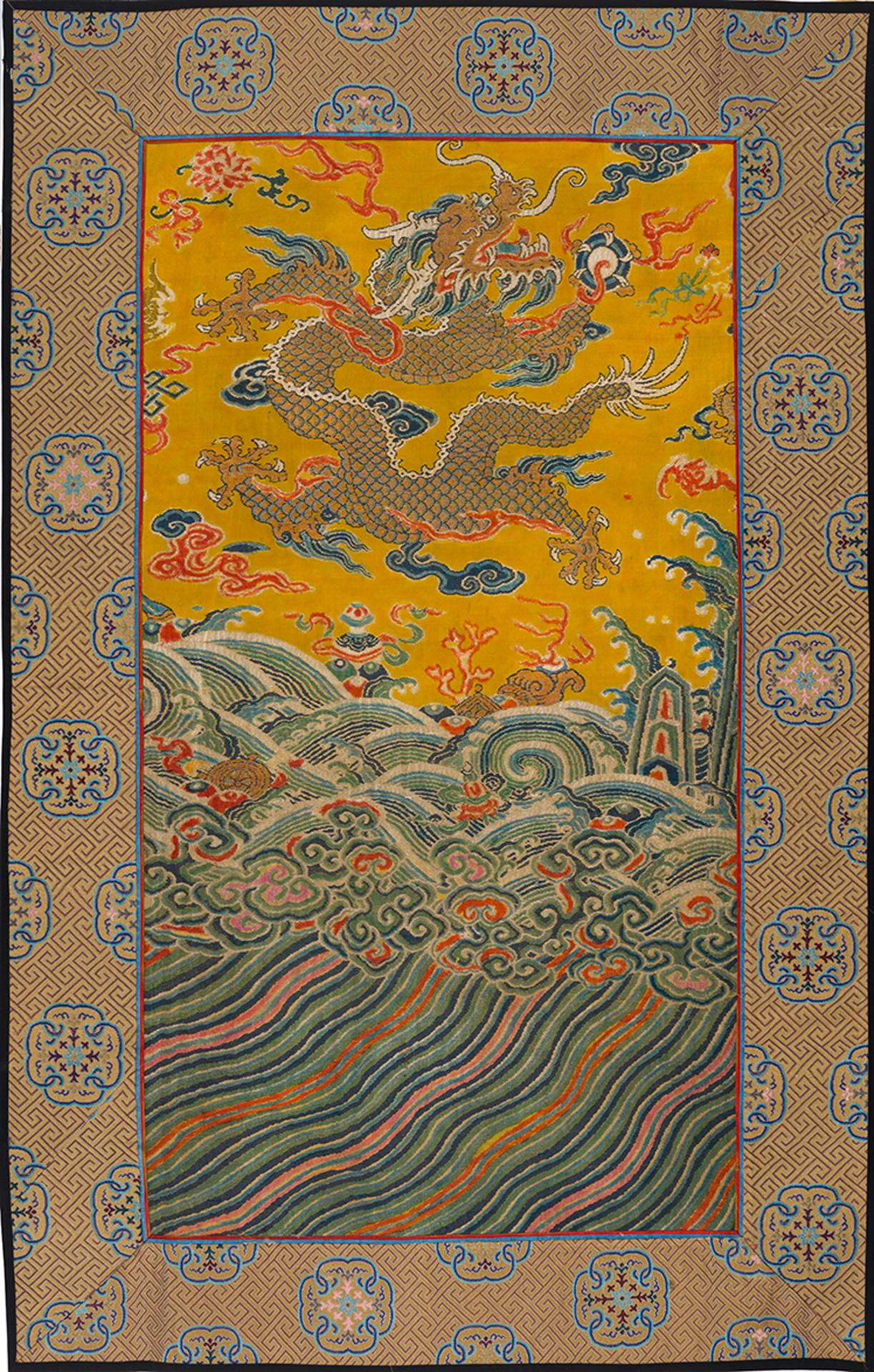 Chinese Art - A Chinese Yellow Silk Ground Dragon Robe Fragment, 18th/19th Century