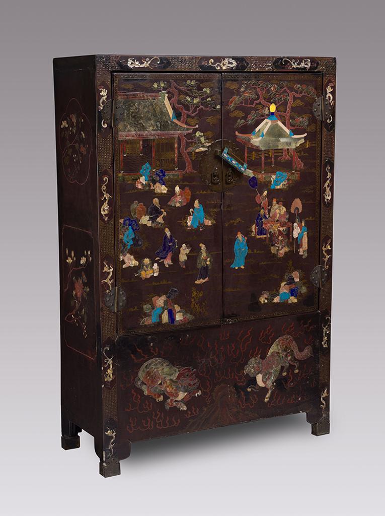 Chinese Artist - A Rare Chinese Soapstone and Mother-of-Pearl Inlay Black Lacquer Cabinet, 18th/19th Century