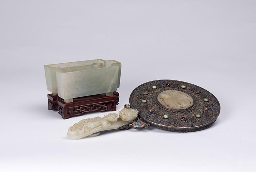 Chinese Art - A Chinese Jadeite Coin-form Brushwasher and a Silver and Jade Mirror, 19th/20th Century