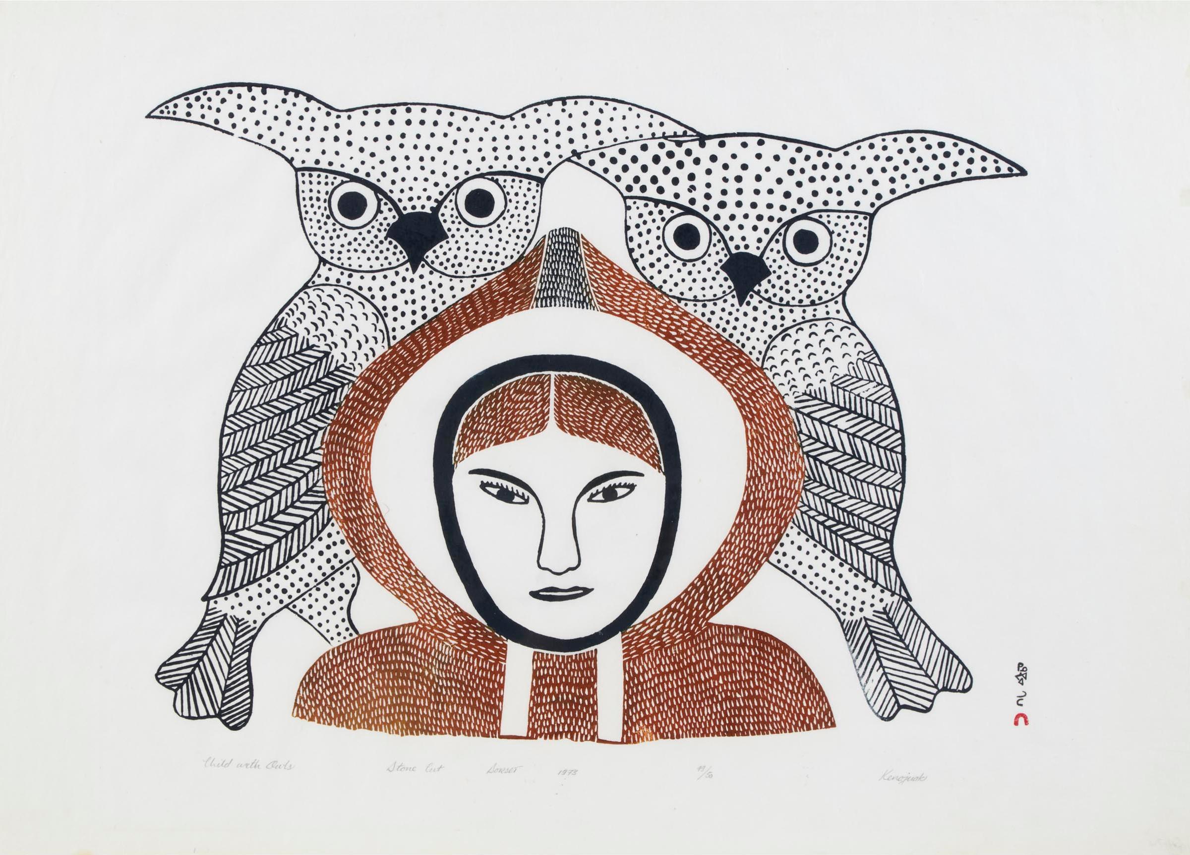 Kenojuak Ashevak (1927-2013) - Child With Owls, 1973
